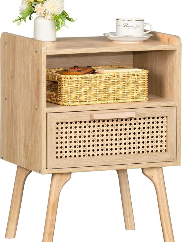 Rattan nightstand with drawer and shelf